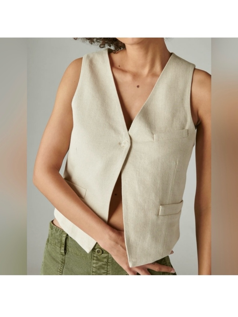 Lucky Brand Cream Linen Women’s One Button Sleeveless Minimalist Vest Sz M/L